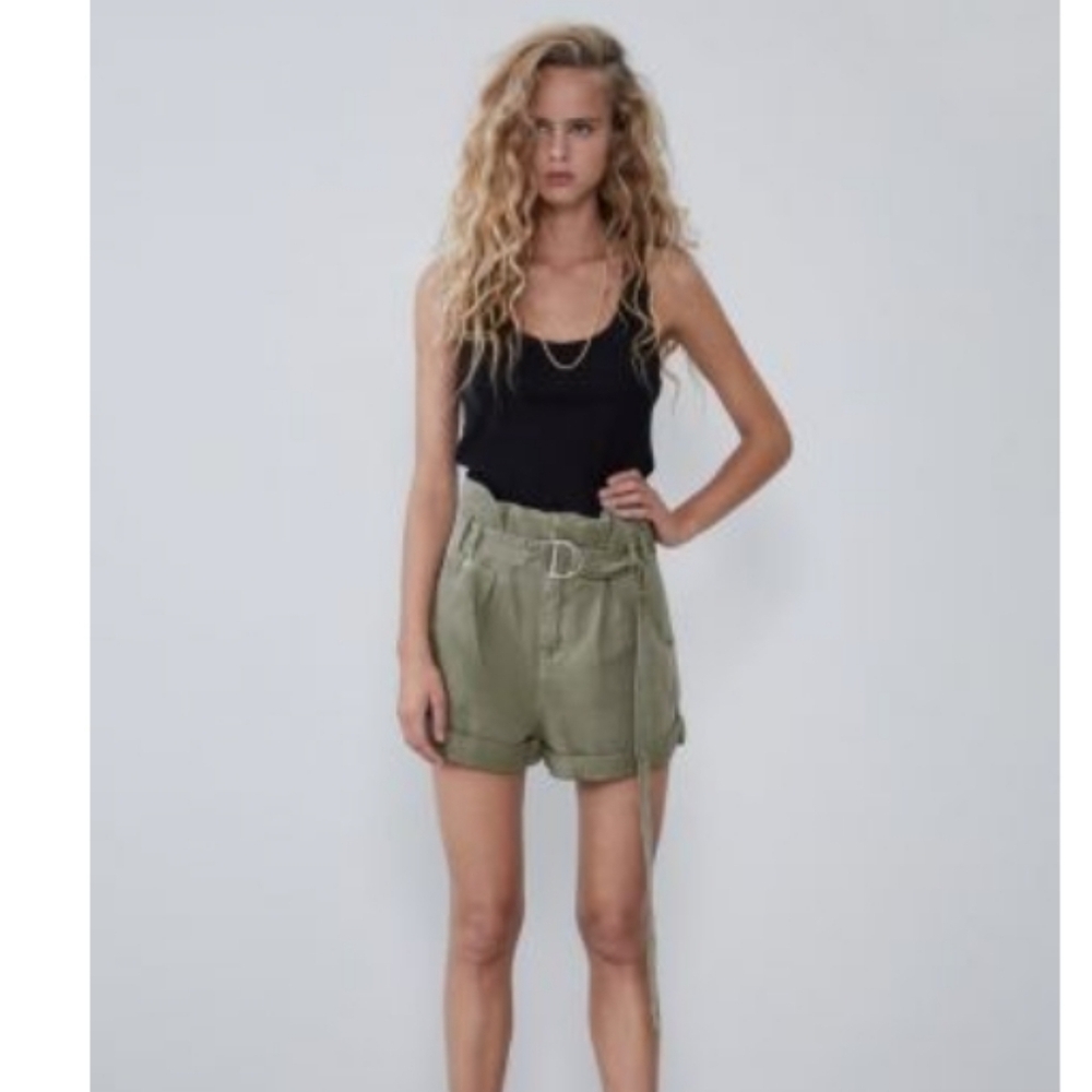 Zara Women's Green Paperbag Bermuda Shorts Size 4 With Tie Belt - Picture 1 of 11